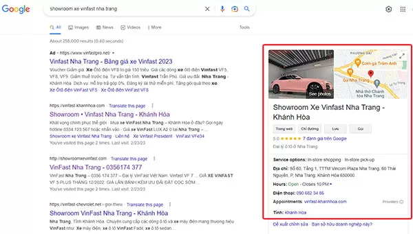 SEO Local giúp hiển thị thông tin cửa hàng bán xe ô tô trong phần Sơ đồ tri thức của Google