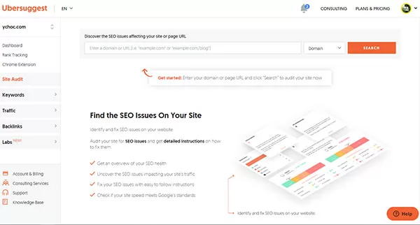Chức năng Site Audit trên Ubersuggest