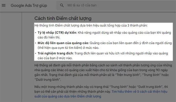 Cách tính điểm chất lượng quảng cáo Google Ads (Ảnh chụp màn hình ngày 03/08/2022)
