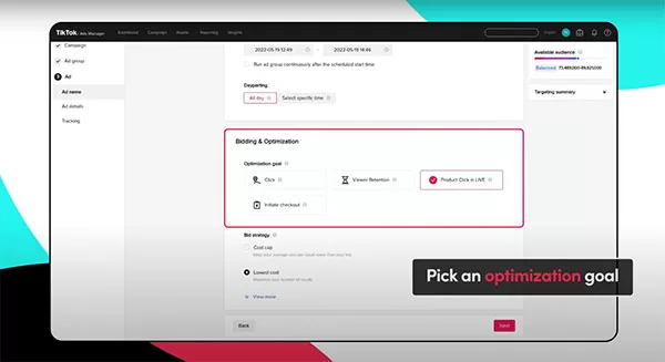 Chọn mục tiêu cần tối ưu hóa cho quảng cáo Tiktok LIVE Shopping
