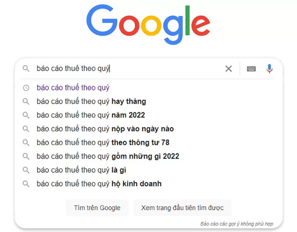 Ví dụ về việc sử dụng công cụ Google Autocomplete để tìm từ khóa có liên quan