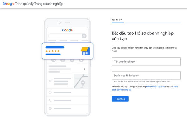 Điền tên doanh nghiệp và danh mục kinh doanh