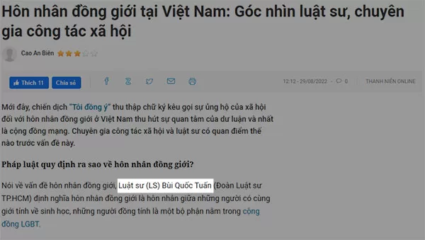 Các luật sư thường được báo giới liên hệ để cung cấp thông tin pháp lý liên quan đến một sự vụ nào đó được dư luận quan tâm (Ảnh chụp màn hình báo Thanh niên)