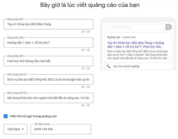 Viết mẫu quảng cáo đầu tiên cho chiến dịch QC Google Ads