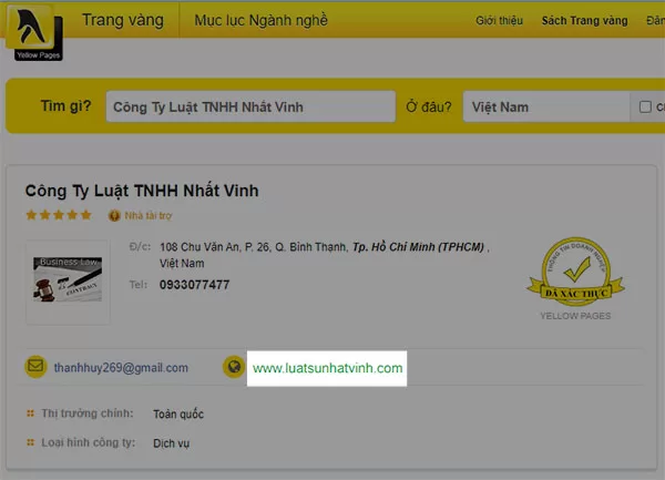 Ví dụ về profile backlink trên Trang Vàng thuộc loại Nofollow