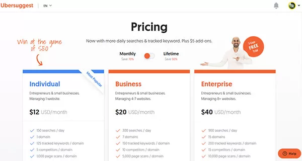 Báo giá tài khoản trả phí theo tháng của Ubersuggest 2022