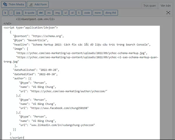 Chèn code JSON-LD vào cuối bài viết, sau đó nhấn nút Cập nhật hoặc Đăng