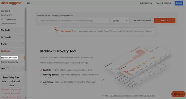 Truy cập vào công cụ Backlink Discovery Tool trên Ubersuggest
