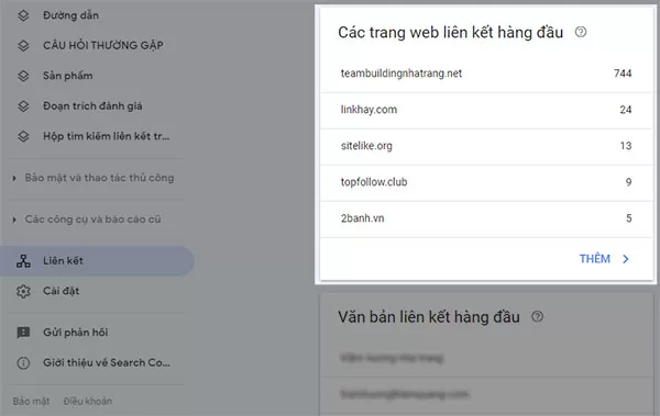 Danh sách backlink trên Google Search Console