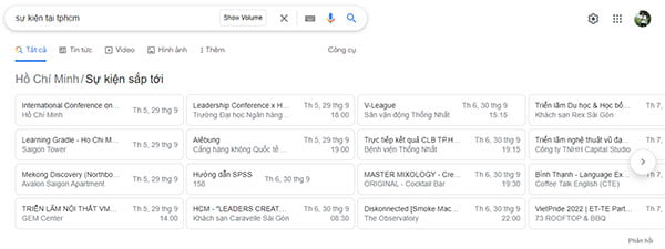 Ví dụ về cách hiển thị Schema Markup loại Event trên Google (9/2022)