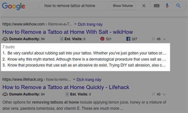How-to Schema Markup trên Wikihow được kích hoạt khi tìm kiếm bằng truy vấn "how to remove tattoo at home"