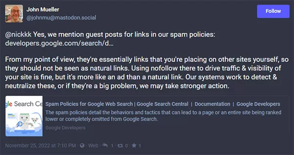 John Mueller nói rằng mọi backlink Dofollow đều không tự nhiên vì chúng đều thuộc loại quảng cáo