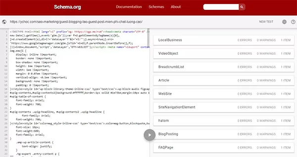 Kết quả kiểm tra dữ liệu cấu trúc trên Schema Markup Validator