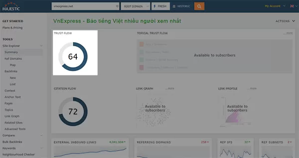 Chỉ số Trust Flow của website VnExpress trên công cụ Majestic SEO