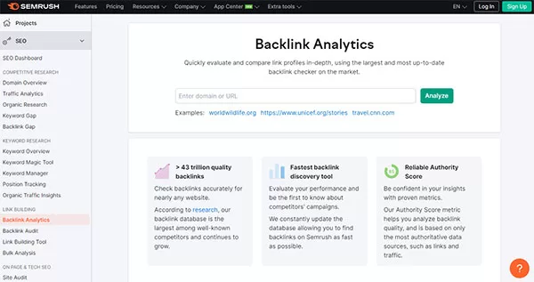 Công cụ Backlink Analysis của SEMRush