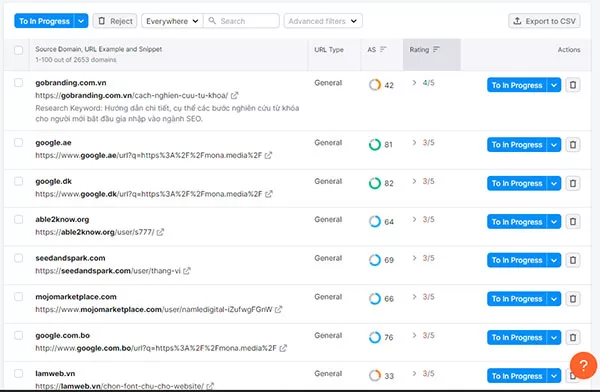 Sắp xếp thứ tự ưu tiên xây dựng liên kết với chức năng Link Building Tool trên công cụ SEMRush