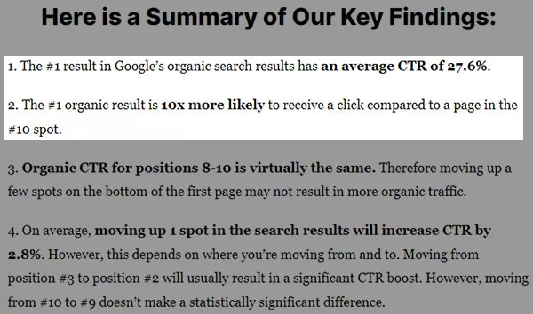 Kết quả so sánh tỷ lệ CTR giữa các trang web Top#1 Google với các trang xếp ở vị trí thứ 10