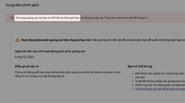 Thông báo giới hạn quảng cáo trên Google Adsense