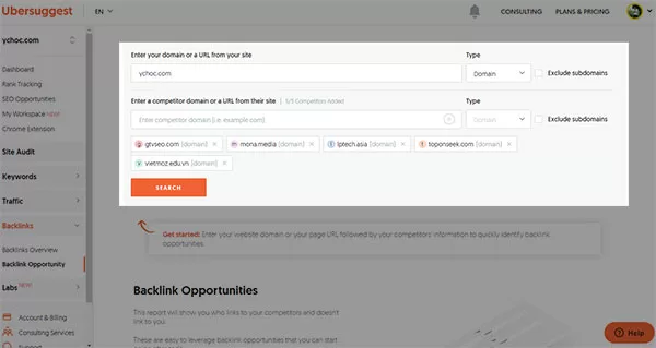 Sử dụng chức năng Backlink Opportinity để tìm kiếm website đặt backlink trên công cụ Ubersuggest