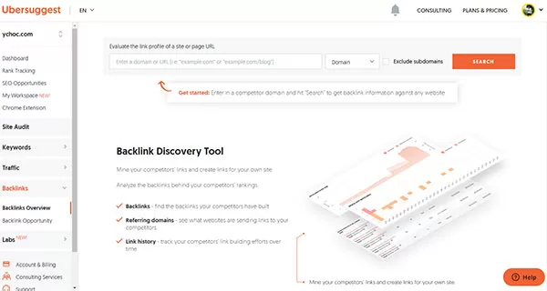 Công cụ kiểm tra backlink của Ubersuggest