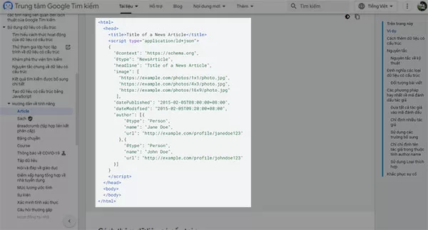 Ví dụ về code HTML mẫu cho Artical Schema Markup trên Google Help Center