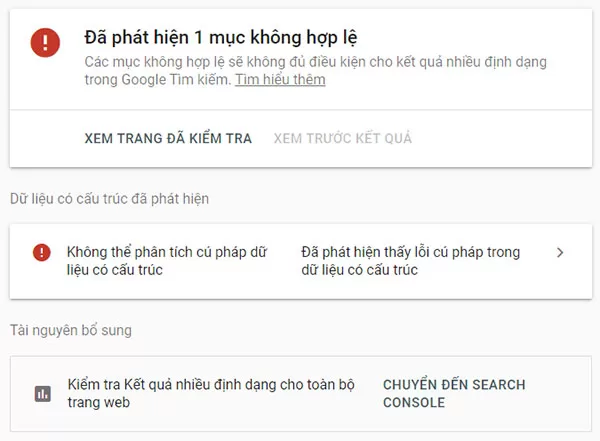Ví dụ về thông báo lỗi dữ liệu cấu trúc trên công cụ kiểm tra của Google