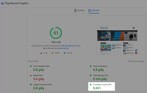 Chỉ số CLS ở mức tối ưu theo đánh giá của công cụ PageSpeed Insight