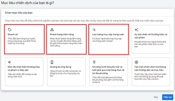 Chọn mục tiêu quảng cáo Google Ads