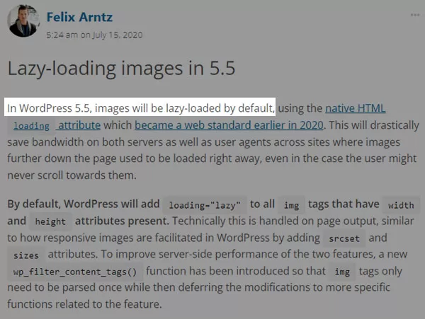 Chức năng Lazy Loading được kích hoạt mặc định từ phiên bản WordPress 5.5, theo thông báo của đội ngũ phát triển