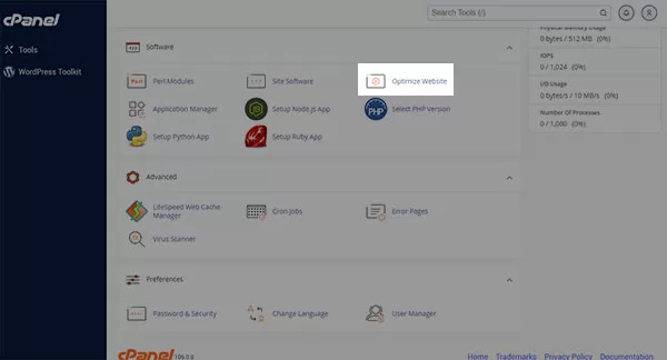 Chức năng Optimized Website trên Cpanel phiên bản 106.0.8