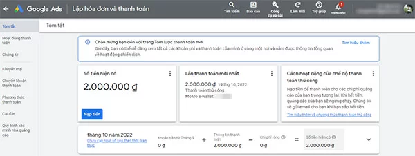 Hoàn tất nạp tiền quảng cáo Google Ads bằng ví Momo