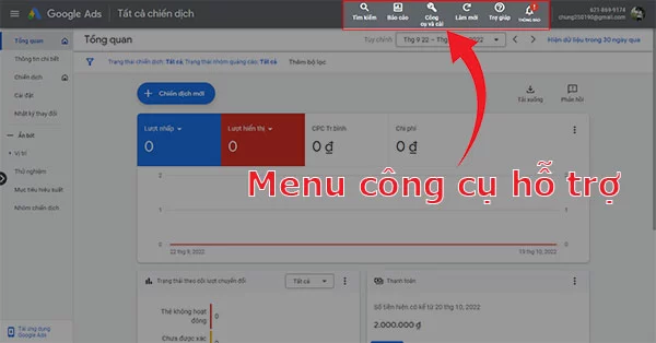 Menu công cụ hỗ trợ quảng cáo Google Ads