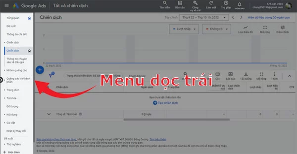 Các chức năng trong Menu dọc trái của trình quản lý quảng cáo Google Ads