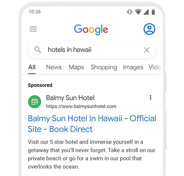 Kể từ tháng 10/2022, dấu hiệu nhận biết quảng cáo tìm kiếm trên Google Ads là chữ Sponsored (hay Được tài trợ) nằm bên trên logo, tên website và URL hiển thị