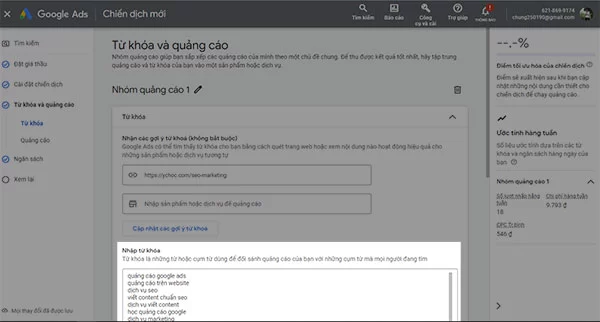 Thêm danh sách từ khóa quảng cáo Google Ads vào khung Nhập từ khóa