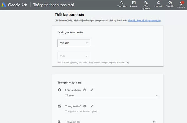 Giao diện thiết lập thông tin thanh toán mới cho tài khoản Google Ads