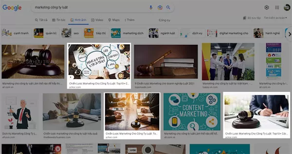 Ví dụ về kết quả SEO hình ảnh trên Google Image với từ khóa "Marketing công ty luật"