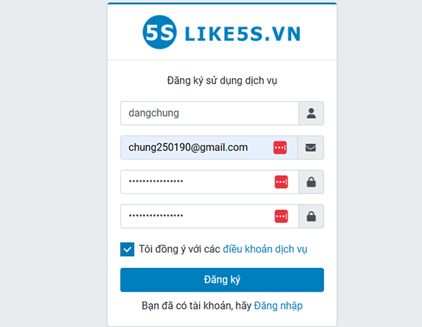 Đăng ký tài khoản mới trên Like5s.vn