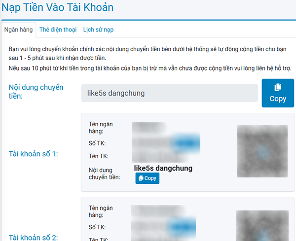 Nạp tiền vào tài khoản của bạn trên Like5s.vn