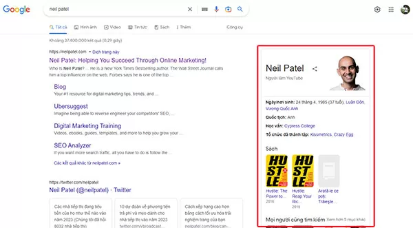 Sơ đồ tri thức được kích hoạt khi tìm kiếm với từ khóa "Neil Patel"