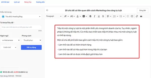 WriAI tạo nội dung bằng tiếng Việt rất tệ