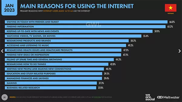 Mục đích sử dụng Internet của người dùng tại Việt Nam 2023