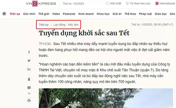 Các trang báo tin tức như VnExpress đều sử dụng breadcrumb để giúp người xem dễ dàng điều hướng khi lướt báo