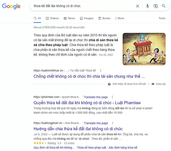 Ví dụ về trang kết quả tìm kiếm trên Google đối với từ khóa "thừa kế đất đai không có di chúc"
