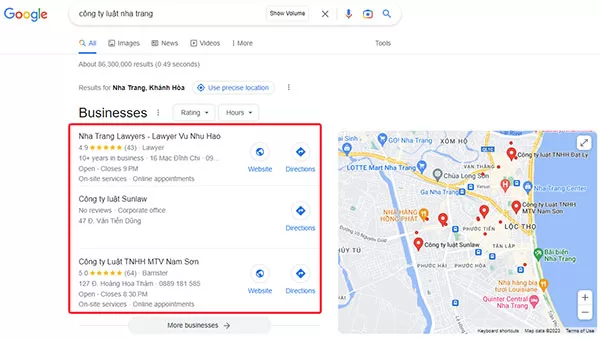 Top 3 vị trí hàng đầu trong danh sách Local Pack trên Google Search khi tìm với từ khóa "công ty luật Nha Trang"