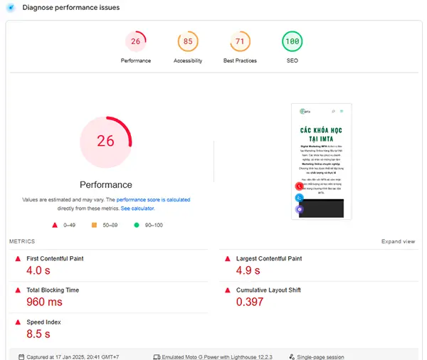 Sử dụng báo cáo Core Web Vitals khi phân tích website của đối thủ nhiều thông tin quan trọng như điểm hiệu suất, tốc độ tải trang, LCP, FCP, CLS