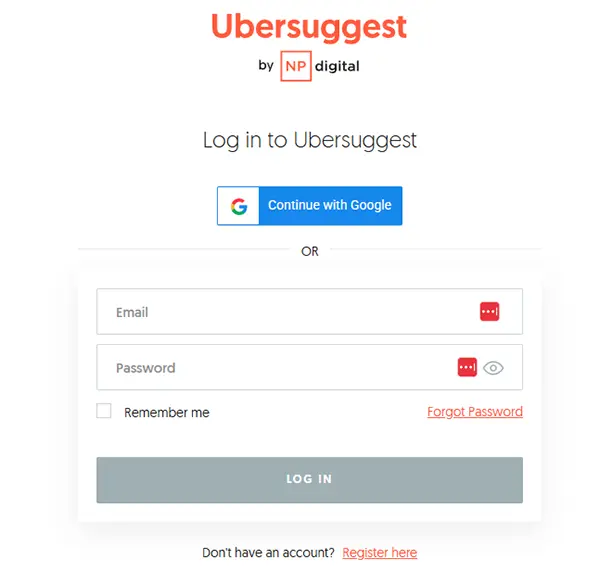 Giao diện trang đăng nhập Ubersuggest