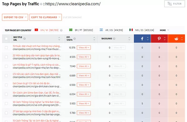 Danh sách các trang web có lưu lượng truy cập cao nhất trên Cleanipedia (Nguồn: Báo cáo của Ubersuggest)