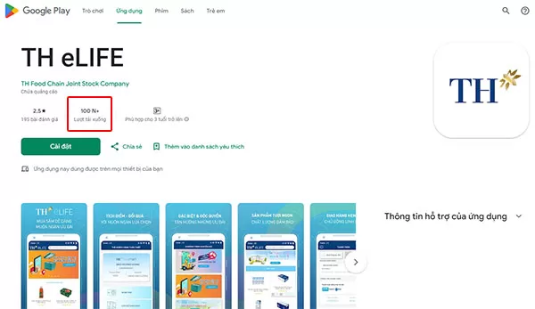Số lượng download ứng dụng TH eLIFE trên Google Play Store đạt hơn 100 ngàn lượt
