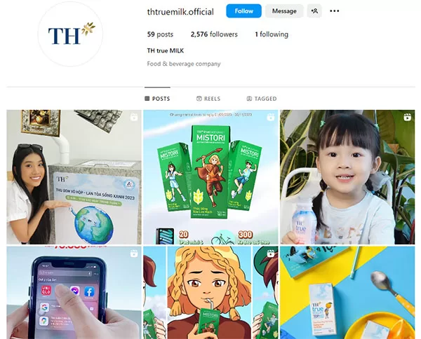 Fanpage của TH True Milk trên Instagram